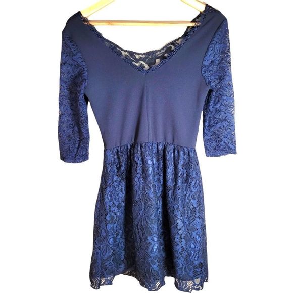 Navy Blue Dress with Elastic Waist 3/4 Sleeves and Lace Overlay - Picture 10 of 16